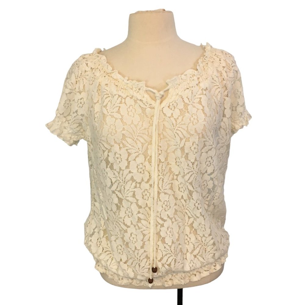 Ultra Pink‎ Womens Off White Lace Short Sleeve Peasant Top, Blouse, sz L